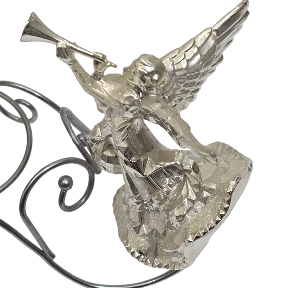Vintage Angel Silver Tone Glitter Candle Holder Centerpiece Guardian Angel Horn - Picture 10 of 14